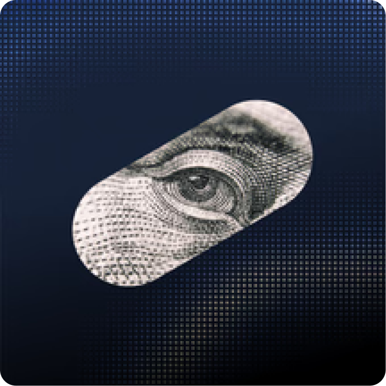 Olho da nota de dólar dentro de uma pílula sobre fundo escuro pontilhado