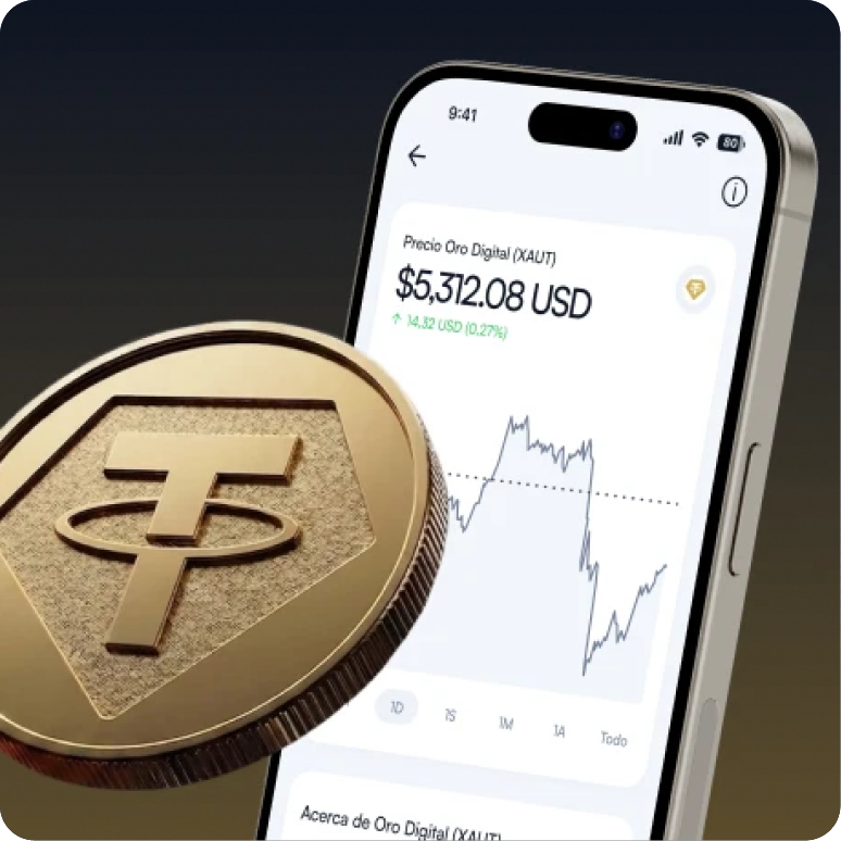 Moeda dourada de Tether à frente de um celular com um app de cotação do ouro