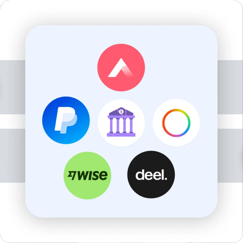 Grupo arredondado de logos de plataformas de pagamento — PayPal, Wise, Deel e outras — sobre azul claro